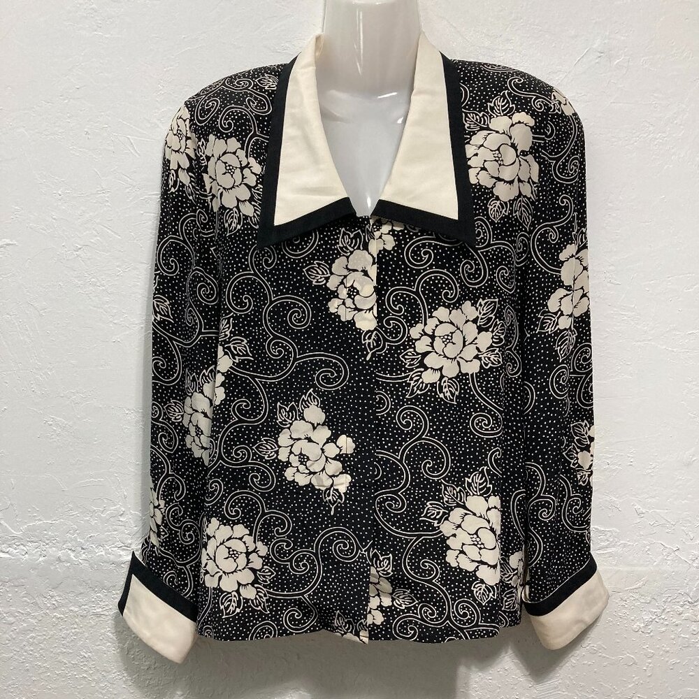 Vintage Cache Silk Button Up Shirt Long Sleeve Y2K Floral Collar Black Cream 6